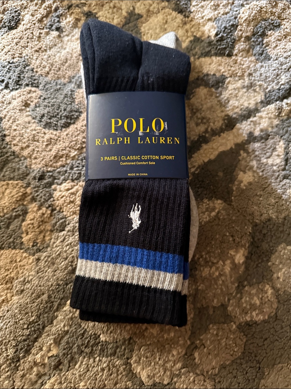 Polo by Ralph Lauren Black, Blue & Gray Striped Cotton Sport Socks - 3 Pack